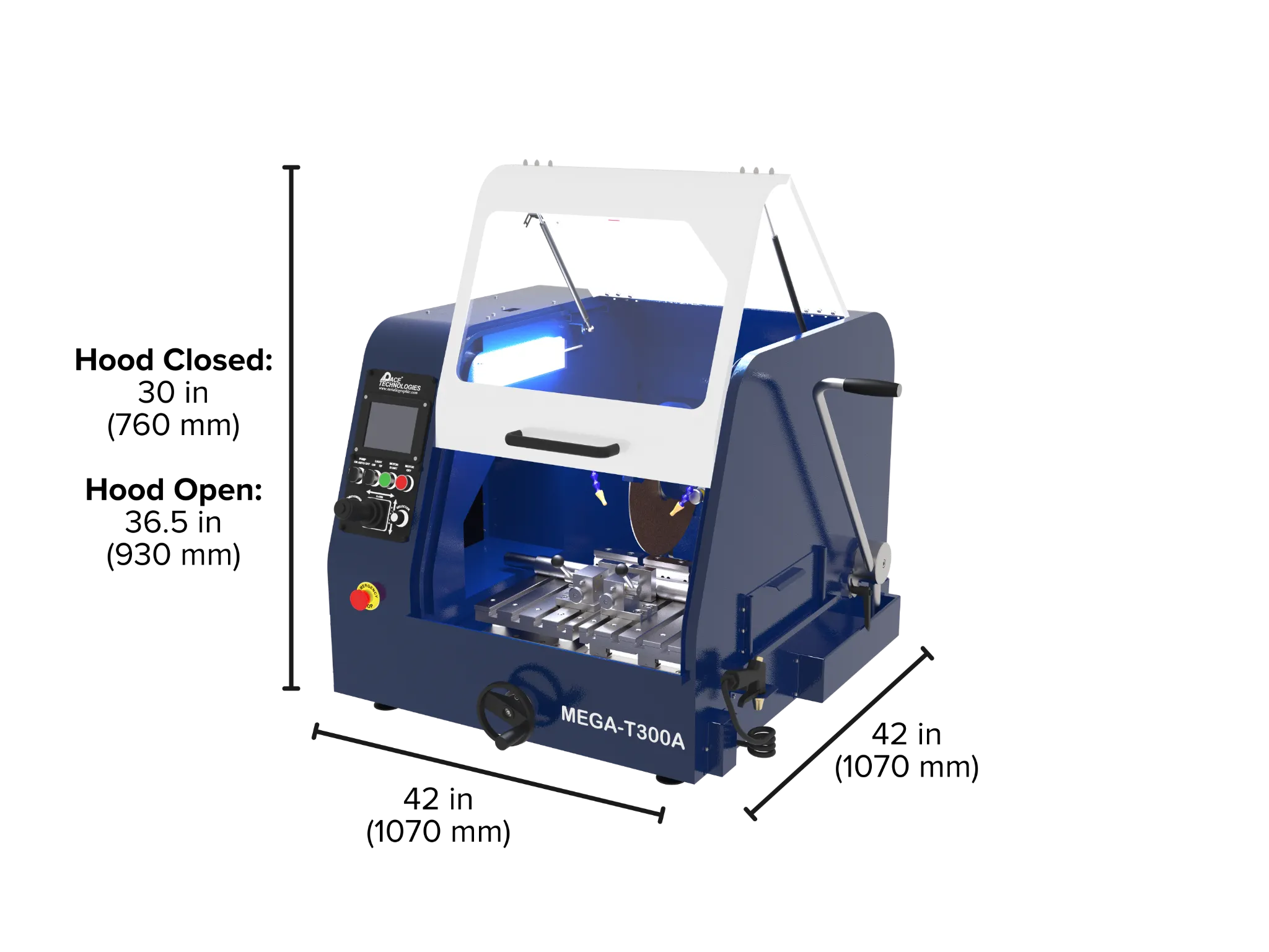 Image of the MEGA-T300A with key dimensions, such as width, depth, and length